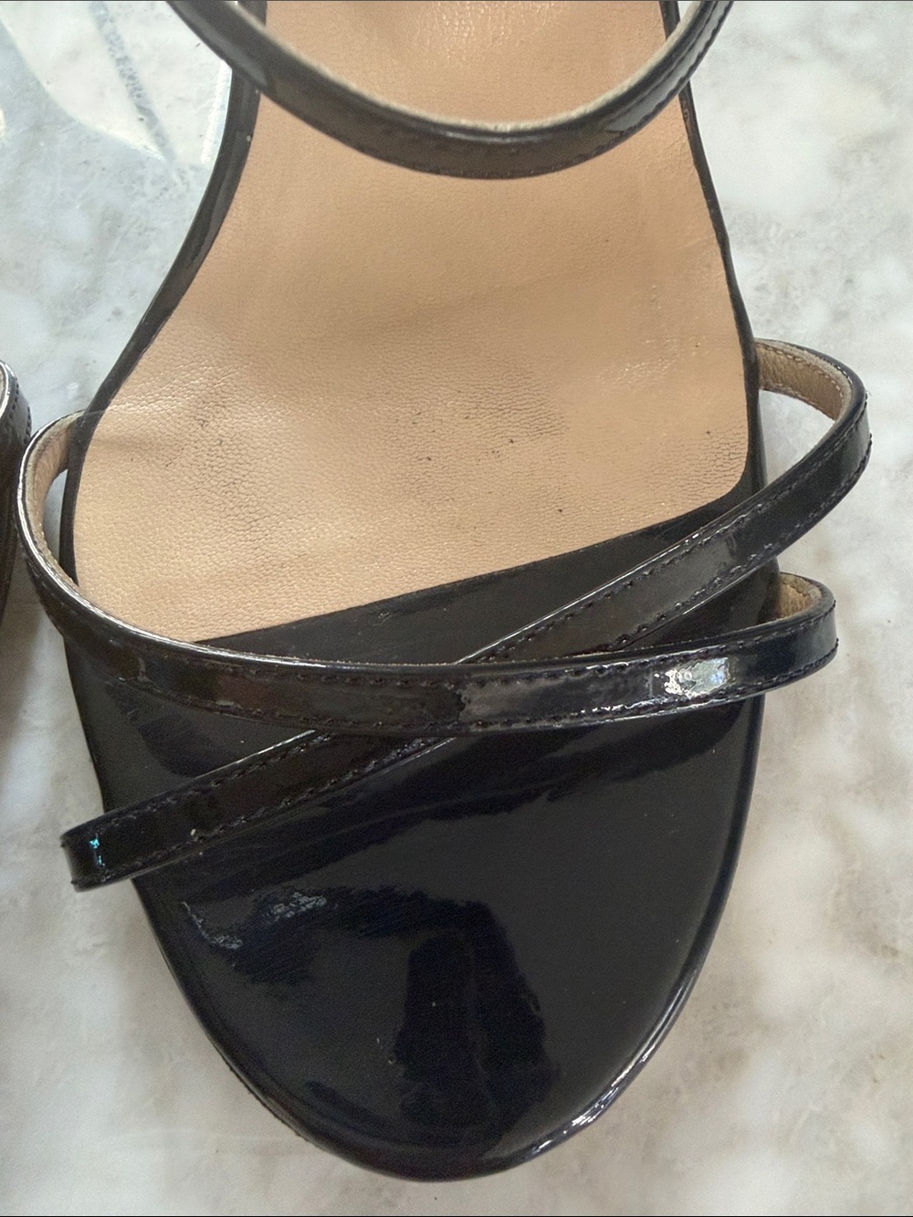 Jimmy Choo Dark Navy Patent Leather Sandals - like new on top, scuffed soles - Picture 10 of 12